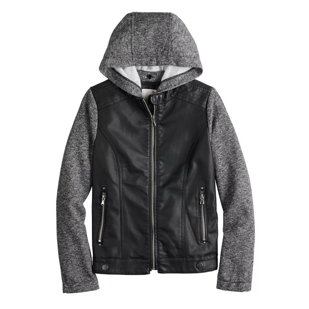 SO Black & Gray Faux-Leather Hooded Zip Up Moto Jacket Girls 10/12